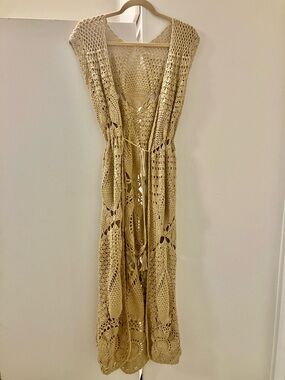 Flook The Label Khaki Cotton Crochet Long Vest Cardigan Duster Womens Sz L.